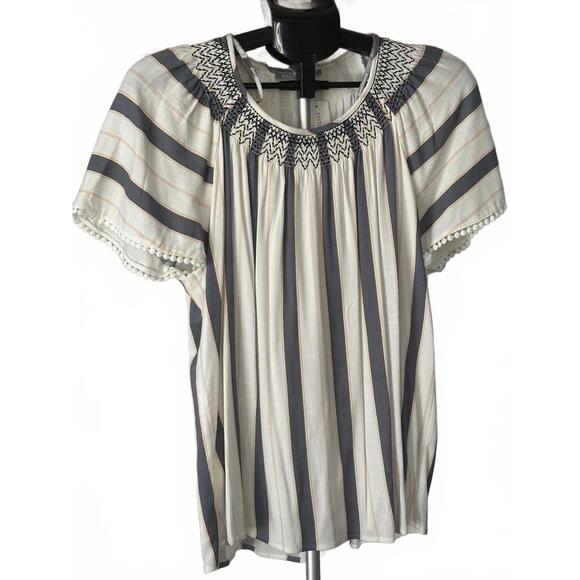 Tops - Daniel Rainn Women’s Striped Smocked Neck Blouse L NWT
